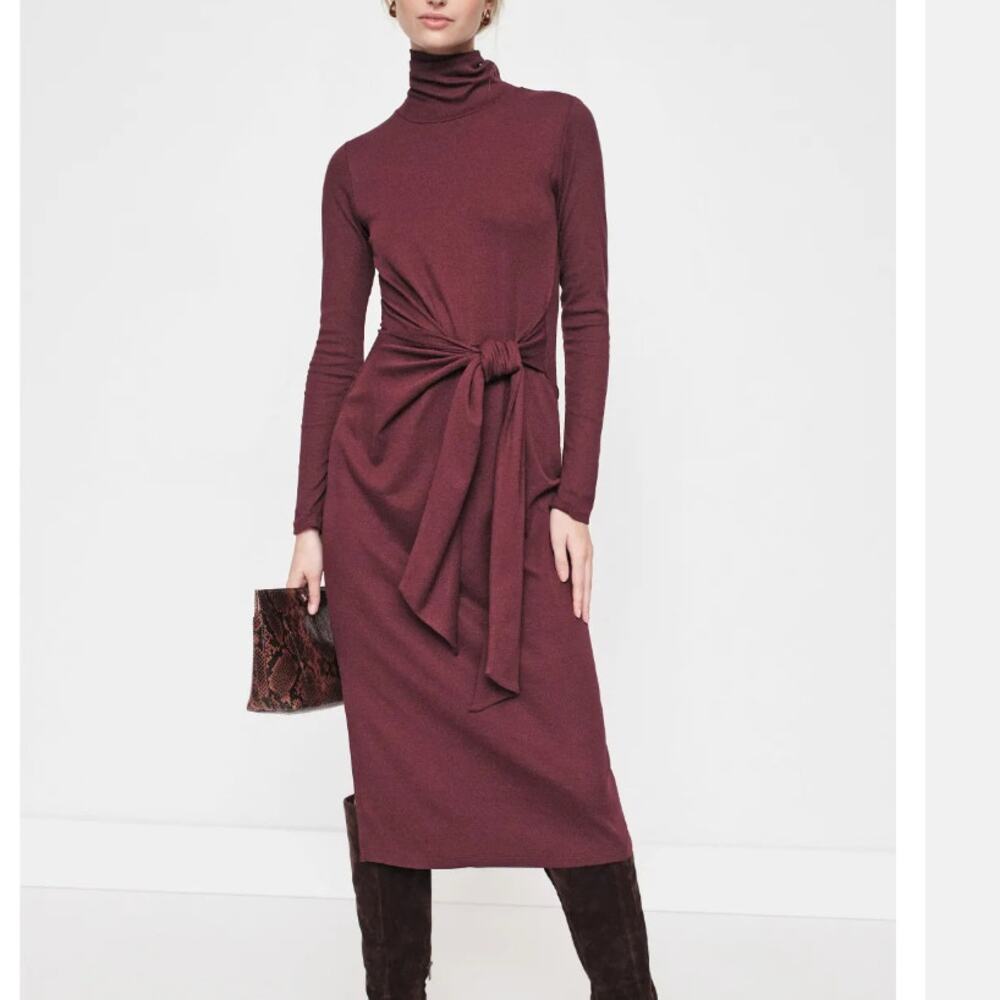 Ralph Lauren Burgundy Midi Knit Dress SMALL Wrap Mockneck Work Designer $145
